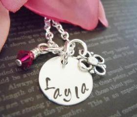 Personalized Childrens Necklace-Little Girls Hand Stamped Name Necklace-Swavorski Birthstone and Flower Charm