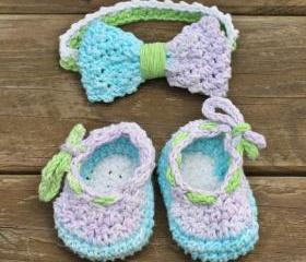Baby booties baby headband set blue green purple cotton