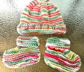 baby hat baby booties knit yellow green pink baby set