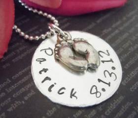 Baby-Personalized Necklace-Mother Necklace-Hand Stamped Jewelry-Mommy Jewelry-Gift Jewelry- Baby Name and Date-Baby Feet-Baby Keepsake