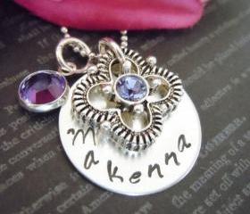 Wedding-Purple-Flower Girl Necklace-Personalized Necklace-Hand Stamped Jewelry-Childrens Jewelry-Tanzanite Crystal and Flower Charm