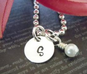 Hand Stamped Jewelry-Monogram Necklace-Little Girls Gift-Flower Girl Gifts-Single Initial with Pearl