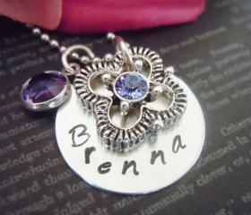 Wedding-Purple-Flower Girl Necklace-Personalized Necklace-Hand Stamped Jewelry-Childrens Jewelry-Tanzanite Crystal and Flower Charm