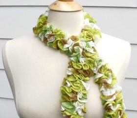knit scarf - scarflette cowl lime green tan white ruffle