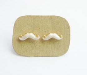 on SALE - Tiny White Mustache Post Earrings - 14 mm - Gift under 10