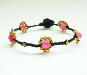 Pink Daisy - Small Gold Flower with Pink Stone Bead Wax Cord Bracelet - Customized Bracelet - Gift under 10