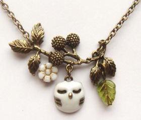 Antiqued Brass Branch White Czech Glass Flower Owl Necklace