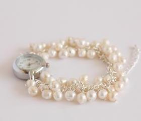 Ivory freshwater pearl bridal watch bracelet, June birthstone watch.