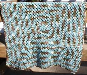  Crochet baby blanket granny square teal blue brown