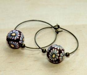 Polymer Clay Beads and Brass Charms Dangle Earrings
