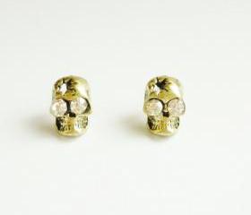 Antique Brass Metal Skull Stud Earrings