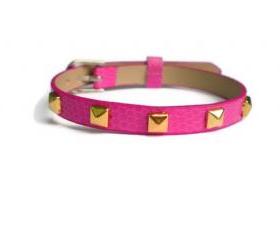 Gold Studded Leather Bracelet - 5mm Gold Tone Pyramid Studs - 8mm Pink Strap - Adjustable