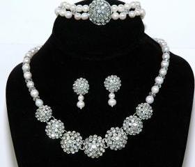 Vintage Style Bridal Necklace Pearl Set - Bridal Rhinestone Necklace Earring
