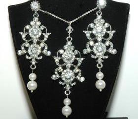 Bridal Necklace and Earrings Set - fashion jewelry - Wedding Rhinestone Necklace Set