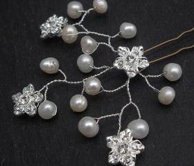 Wedding Hair Accessories - Freshwater Pearls and Rhinestone Flowers Hair Pins