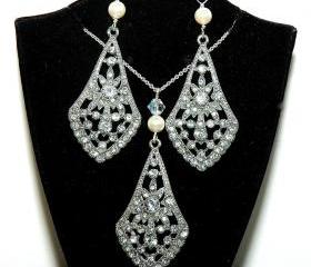 Art Deco Bridal Necklace and Earrings Set - Silver Bridal Pearl Jewelry Set