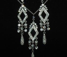 Art Deco Bridal Necklace and Earrings Set - Bride Jewelry - Rhinestone Necklace