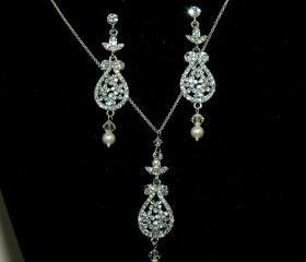 Vintage Bridal Necklace and Earrings Set - Bride Jewelry - Rhinestone Necklace