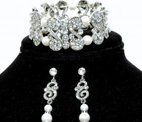  Bridal Bracelet Set - Bridal Rhinestone Earrings - Wedding Pearl J