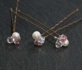Pink Wedding Hair Accessories, Swarovski crystals and freshwater pearls hair pins for wedding or prom