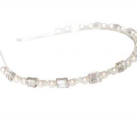 Wedding Headband - Square Diamante and Swarovski Pearls - Sparkly pearl headband bridal or bridesmaids