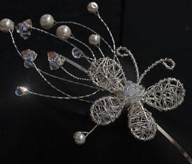 Butterfly Headband - Side Tiara with Pearls and Crystals, Weddings, Prom