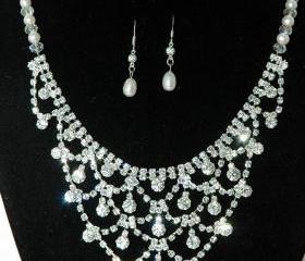 Wedding Rhinestone and Pearl Necklace - Fashion Jewelry - Vintage Style Bridal Necklace Set - Bridal Wedding Jewelry