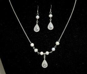 Bridal Pearl Necklace Vintage Inspired Bridal Silver Set with Earrings
