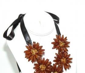  Brown Flower Bib Necklace - Statement Flower Necklace Choker - Flower Ribbon Necklace