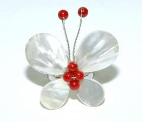 Mother of Pearl Butterfly Adjustable Ring - Red Agate and Pearl Ring - Mother of Pearl and Fresh