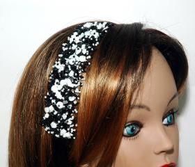 Black Ribbon Headband - Black and White Beaded Headband - Girls Headband - Shell Chip