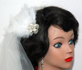 Bridal Wedding Feather Head piece Clip - Bridal Hair Fascinator Clip - Rhinestone Flower