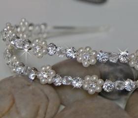 Double Wedding Headband, Bridal Headbands - Rhinestones and Pearl Flowers, Wedding Hair Accessories