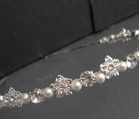 Wedding Headband - rhinestone flower and pearls , Bridal, Silver Diamante and Pearl