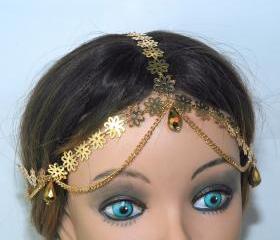 Forehead Band Grecian Inspired Headpiece - fashion jewelry - Gold Plated Flower Headband - Crystal