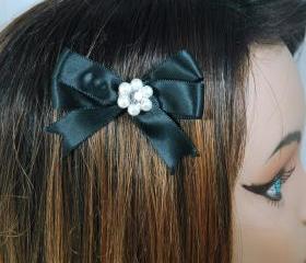 Girls Hair Bow Clip Set of 2 - Pearl Hair Clips - Satin Ribbon Hair Clips - Gif