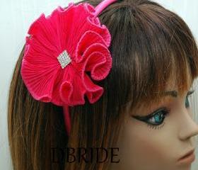 Fuschia Flower Headband - Ruffle Fabric Flower with Rhinestone Headband