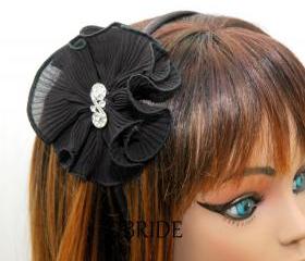 Black Headband Fabric Flower with Rhinestone - Flower Clip Your Color Choice