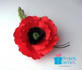 Red fabric poppy, red poppy corsage, Remembrance Day poppy pin