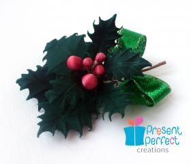 Christmas brooch, holly corsage, Christmas jewellery