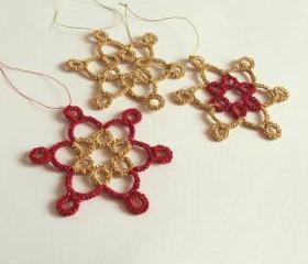 Set Of Three Gold and Red Holiday Ornaments