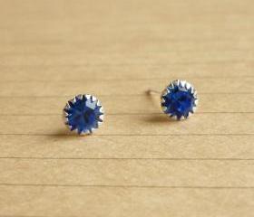 on SALE - Cobalt Blue Round CZ Ear Stud Earrings - 925 Sterling Silver Earrings - Gift under 10 - Cobalt Blue Cubic Zirconia Ear Posts