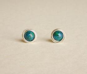 Tender Earrings - Malachite Azurite Stone Wrap Stud Earrings - Gift under 10 - Blue and Green Earrings