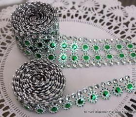 Two yards of faux Rhinestone and Blossom Trim - Emerald and Diamonds