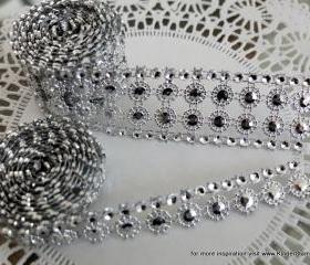Two yards of faux Rhinestone and Blossom Trim - Silver and Diamonds