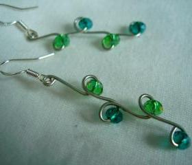Swarovski Earrings Wire Wrap Silver Aqua Emerald Jewel Tone Long Dangle Chandelier