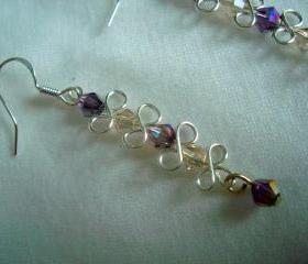 Wire Wrapped Earrings Amethyst Swarovski Bow Earrings Swirl Sterling Silver Bridal Special Occasion
