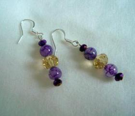 Amethyst Swarovski Earrings Dragon Vein Sterling Silver Purple Gold Chandelier