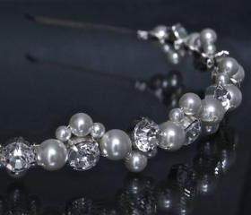 Pearl Headband / Diamante Stones and Pearls, Wedding Hair Accessories - Rhinestone Headband with Ivory Pearls