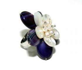 Pearl Flower Adjustable Ring - Purple Agate and Pearl Ring - Mother of Pearl and Fresh